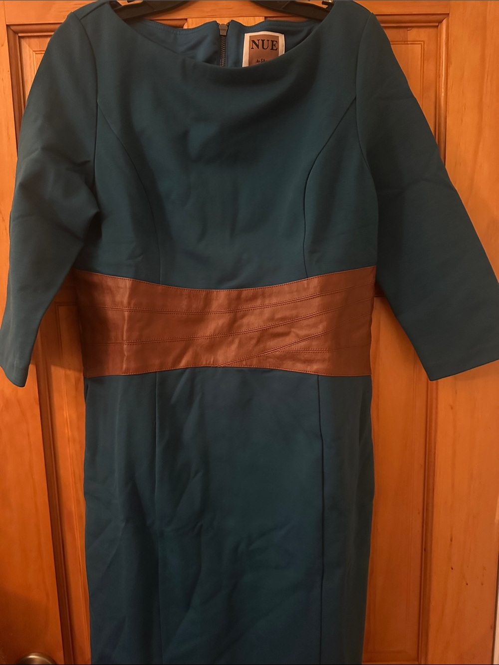 Nue by Shani Teal Dress with Brown Label Accent